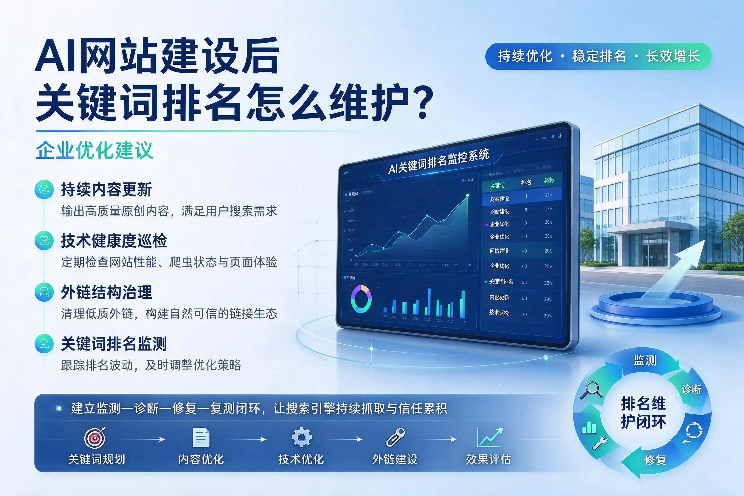AI网站建设后关键词排名怎么维护？丹东企业优化建议