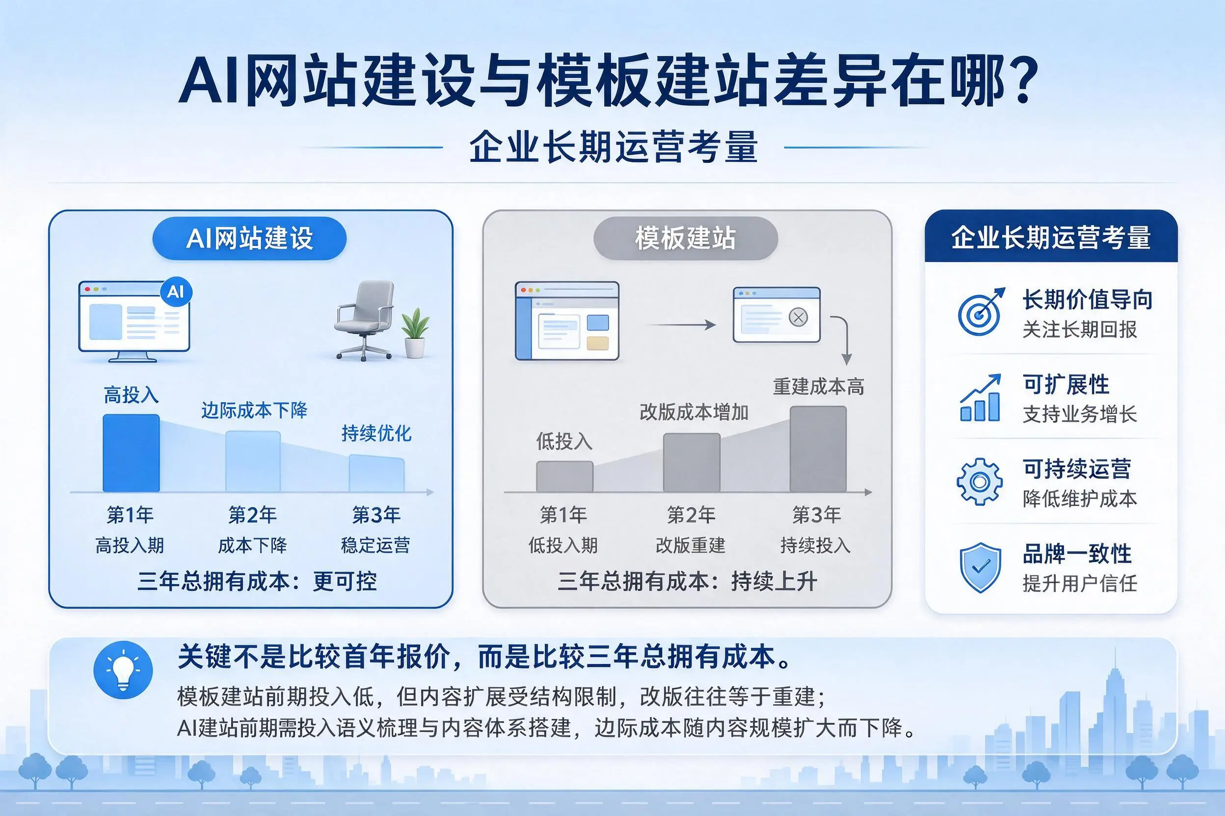 AI网站建设与模板建站差异在哪?丹东企业长期运营考量